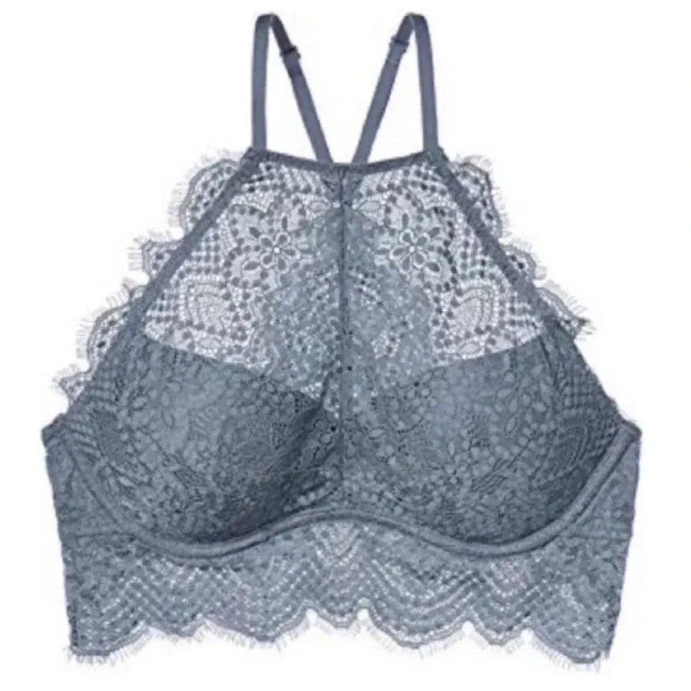 Victoria's Secret PINK High Neck Push Up Lace Bralette Gray‎ Size M (D-DD)